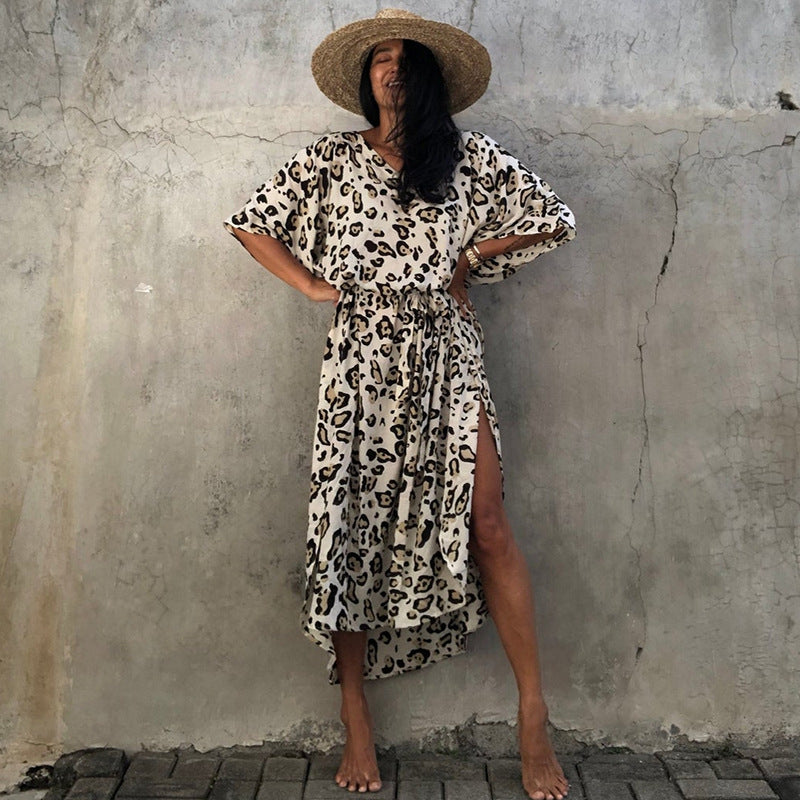 Leoparden-Cardigan Lang Lockerer Strand-Sonnenschutz-Mantel Strand-Vertuschung Badeanzug Überwurf Damen