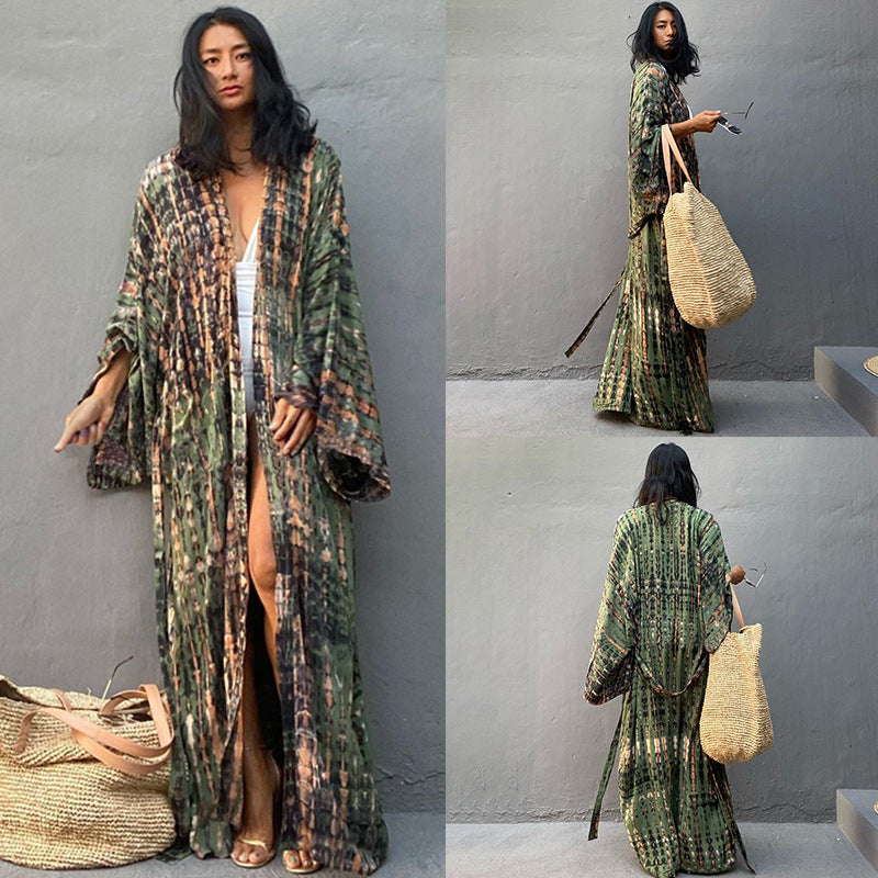 Rayon Bedruckter Urlaub Breiter Sonnenschutz Hemd Strandmantel Strandvertuschung Badeanzug Oberbekleidung Langer Cardigan