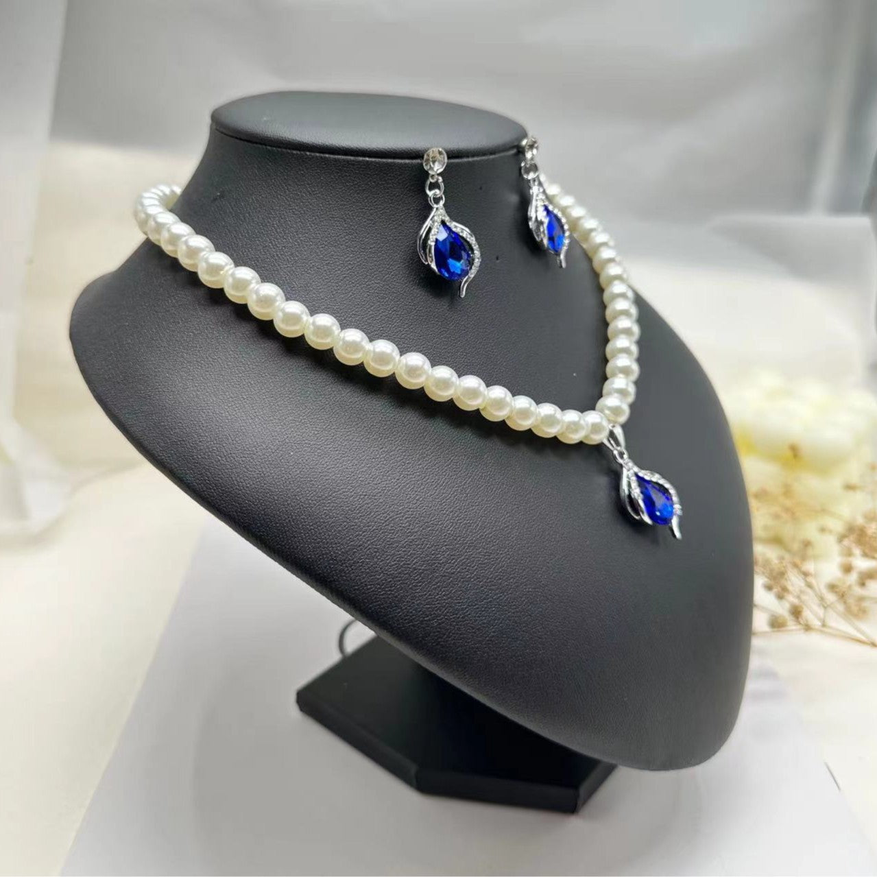 Blauer Strass-Anhänger Perlenkette Schmuckset