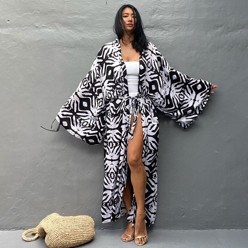 Leoparden-Cardigan Lang Lockerer Strand-Sonnenschutz-Mantel Strand-Vertuschung Badeanzug Überwurf Damen