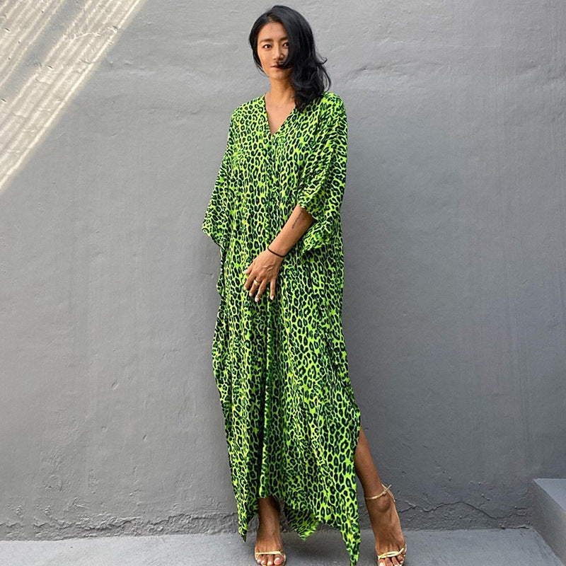 Leoparden-Cardigan Lang Lockerer Strand-Sonnenschutz-Mantel Strand-Vertuschung Badeanzug Überwurf Damen