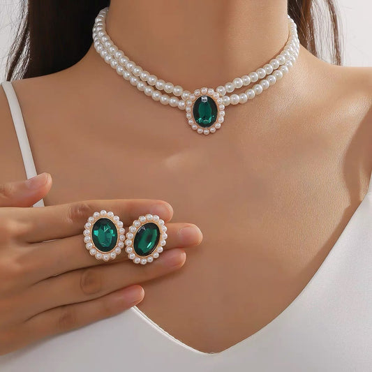 Women Jewelry Set Multi Layer Pearl Chain Choker Necklace Set