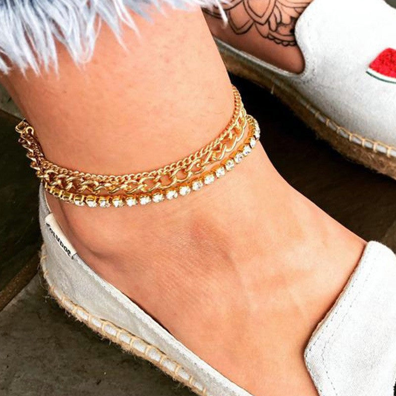 Mehrlagige Sommer Strasskette Fußschmuck