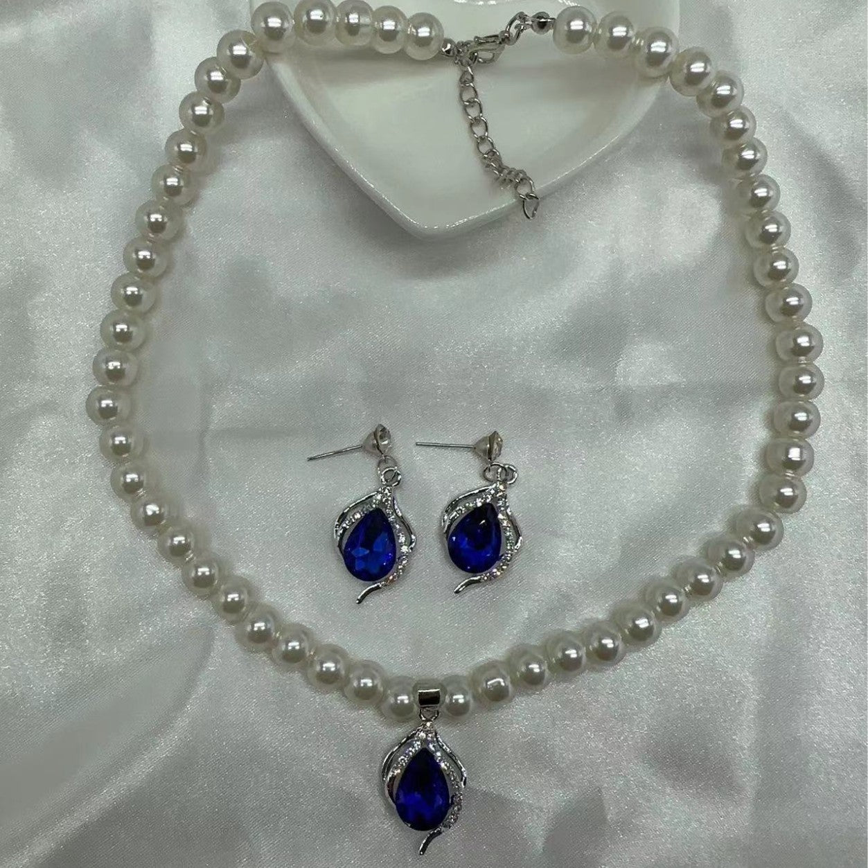 Blauer Strass-Anhänger Perlenkette Schmuckset