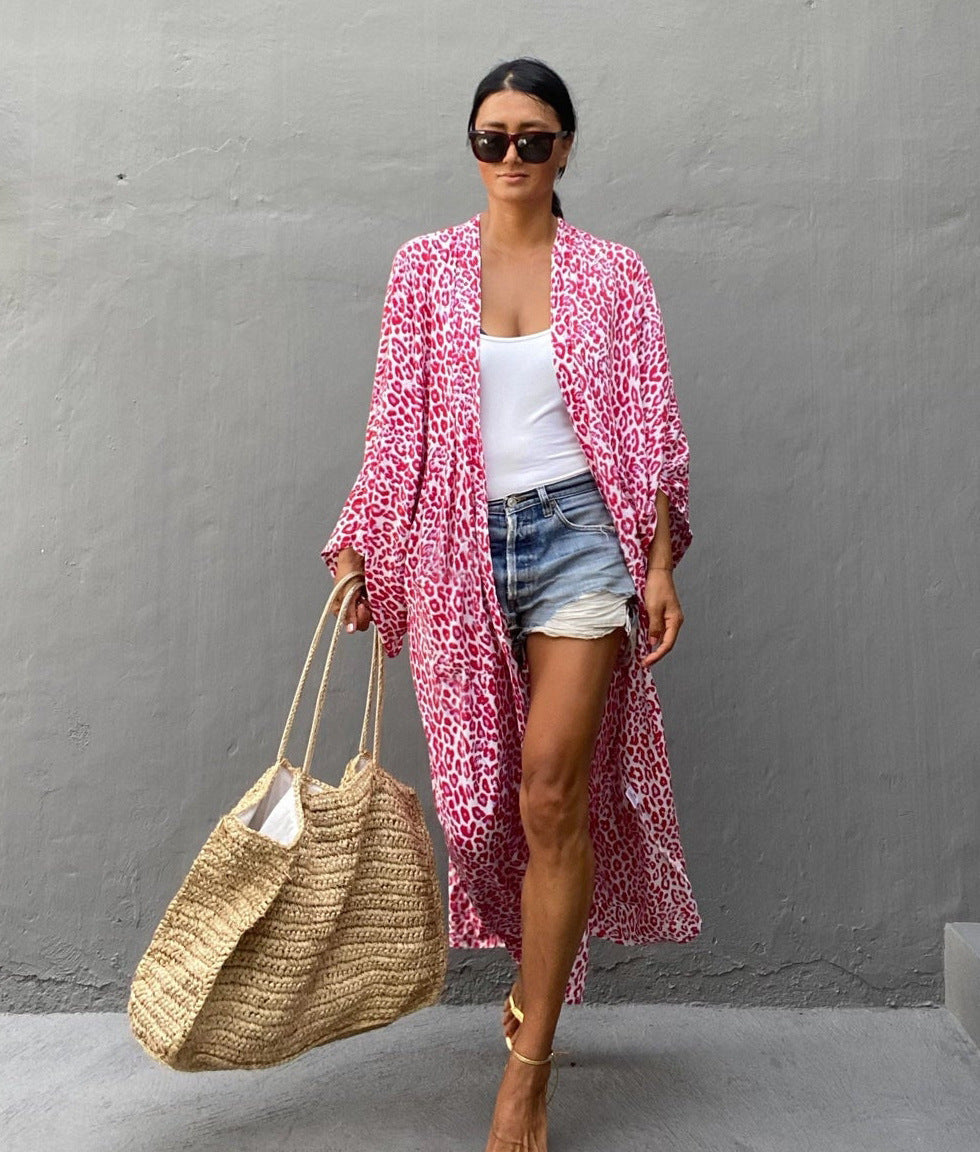 Leoparden-Cardigan Lang Lockerer Strand-Sonnenschutz-Mantel Strand-Vertuschung Badeanzug Überwurf Damen
