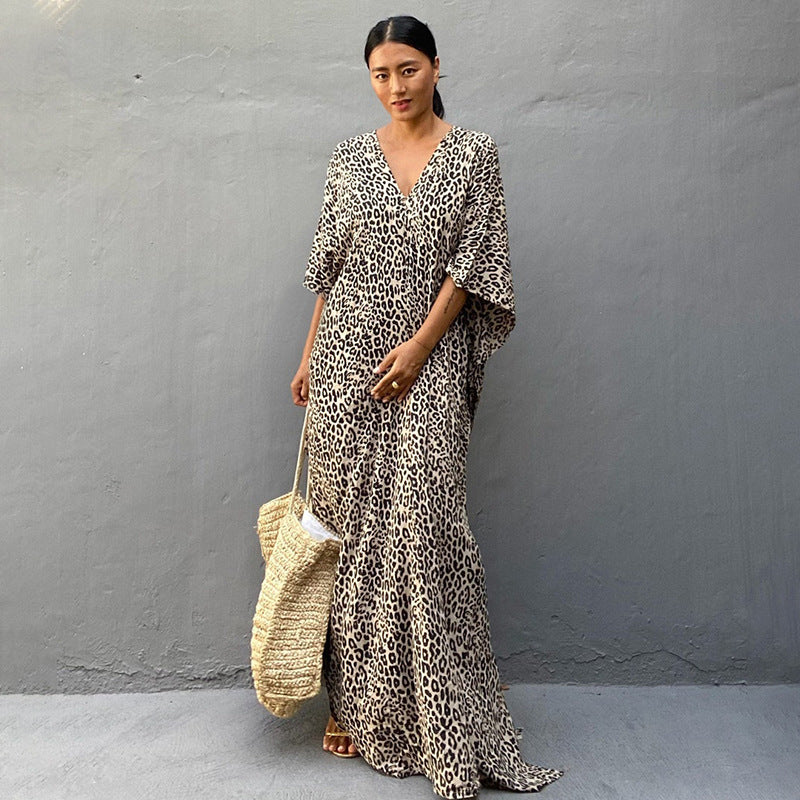 Leoparden-Cardigan Lang Lockerer Strand-Sonnenschutz-Mantel Strand-Vertuschung Badeanzug Überwurf Damen