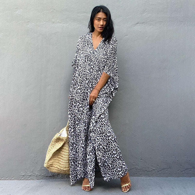 Leoparden-Cardigan Lang Lockerer Strand-Sonnenschutz-Mantel Strand-Vertuschung Badeanzug Überwurf Damen