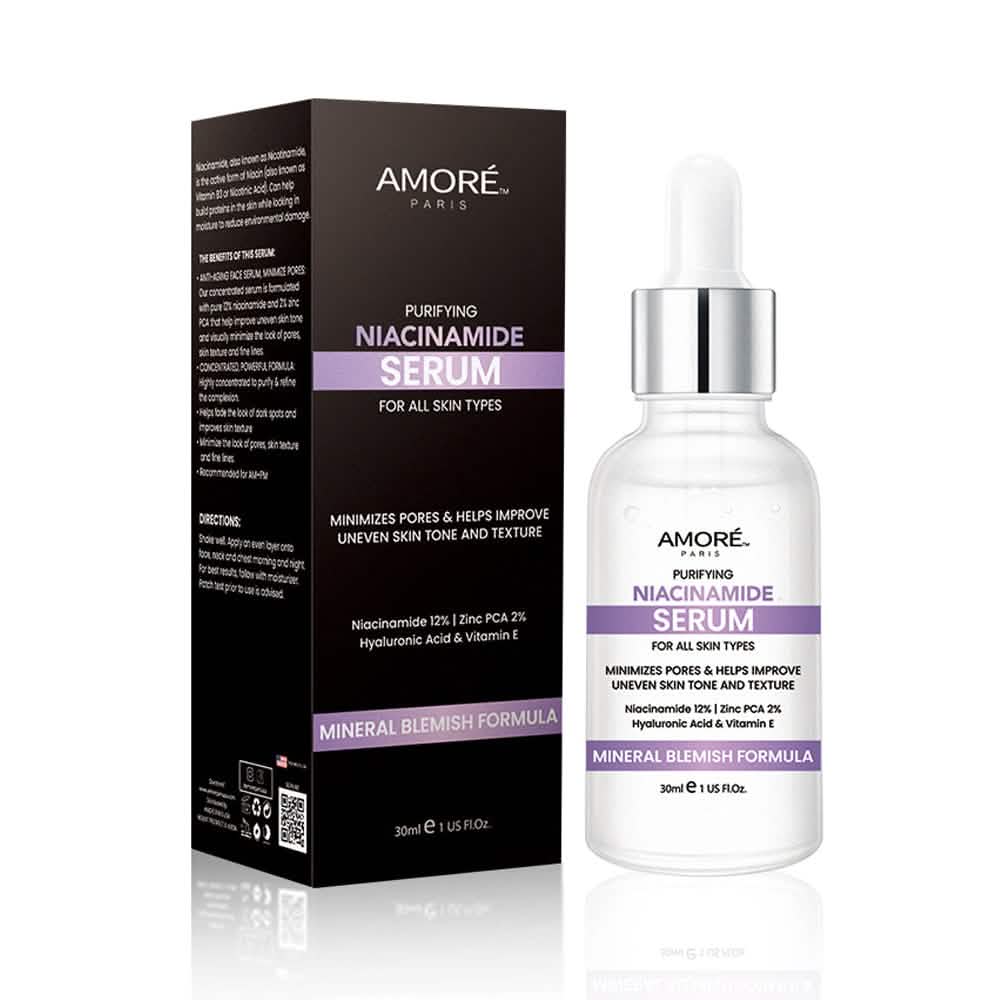 Amore Paris Niacinamid Gesichtsserum 12% Plus Zink 2%, Hyaluronsäure & Vitamin E, Entferner für dunkle Flecken, Porenverkleinerer & Anti-Aging-Hautbehandlung