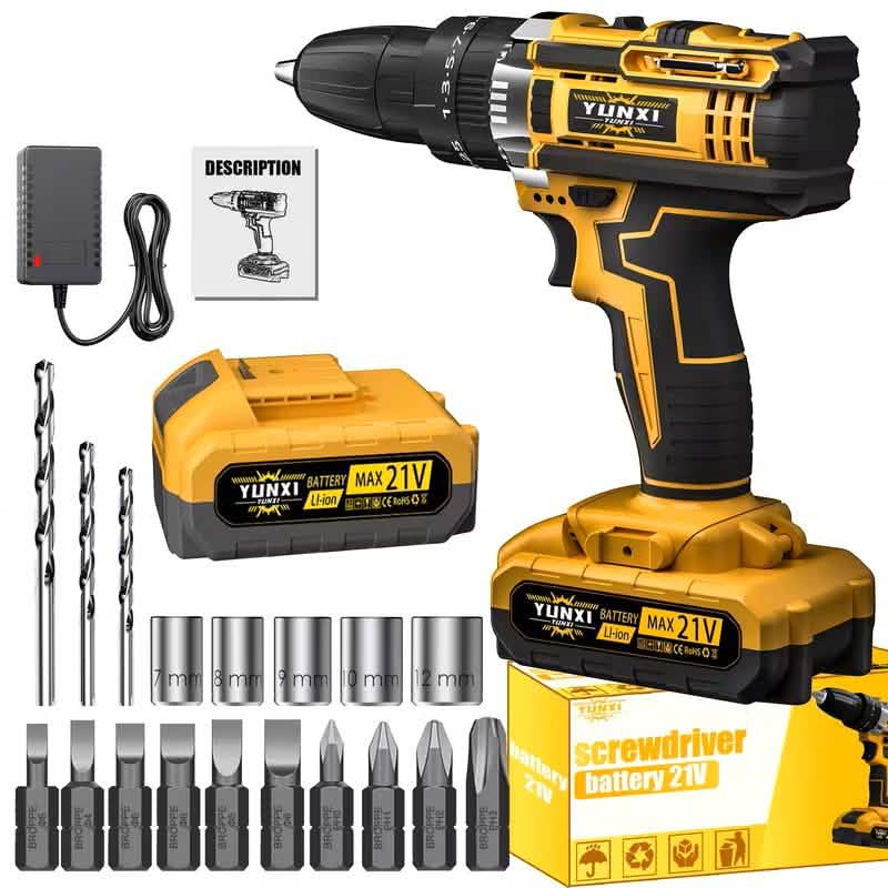 21V Akku-Bürstenloser Schlagschrauber-Bohrer-Set – Lithium-Bohrer + Akku x1, 4000mAh Akku, Werkzeugkoffer & Zubehör