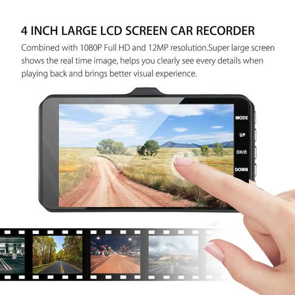 A6T 4-Zoll 170° Weitwinkel Full HD 1080P Auto DVR Dual-Objektiv Dashcam Rückfahrkamera Videorecorder mit Touchscreen