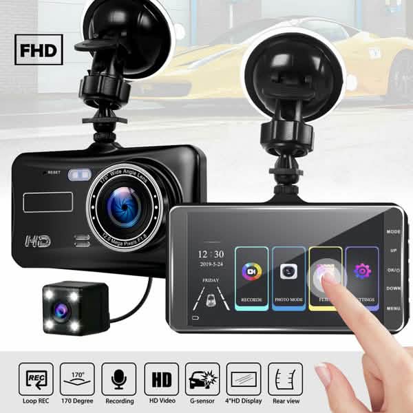 A6T 4-Zoll 170° Weitwinkel Full HD 1080P Auto DVR Dual-Objektiv Dashcam Rückfahrkamera Videorecorder mit Touchscreen