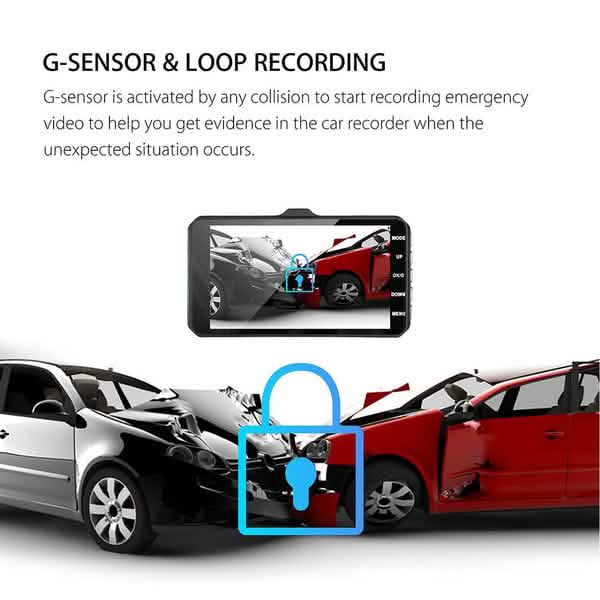 A6T 4-Zoll 170° Weitwinkel Full HD 1080P Auto DVR Dual-Objektiv Dashcam Rückfahrkamera Videorecorder mit Touchscreen