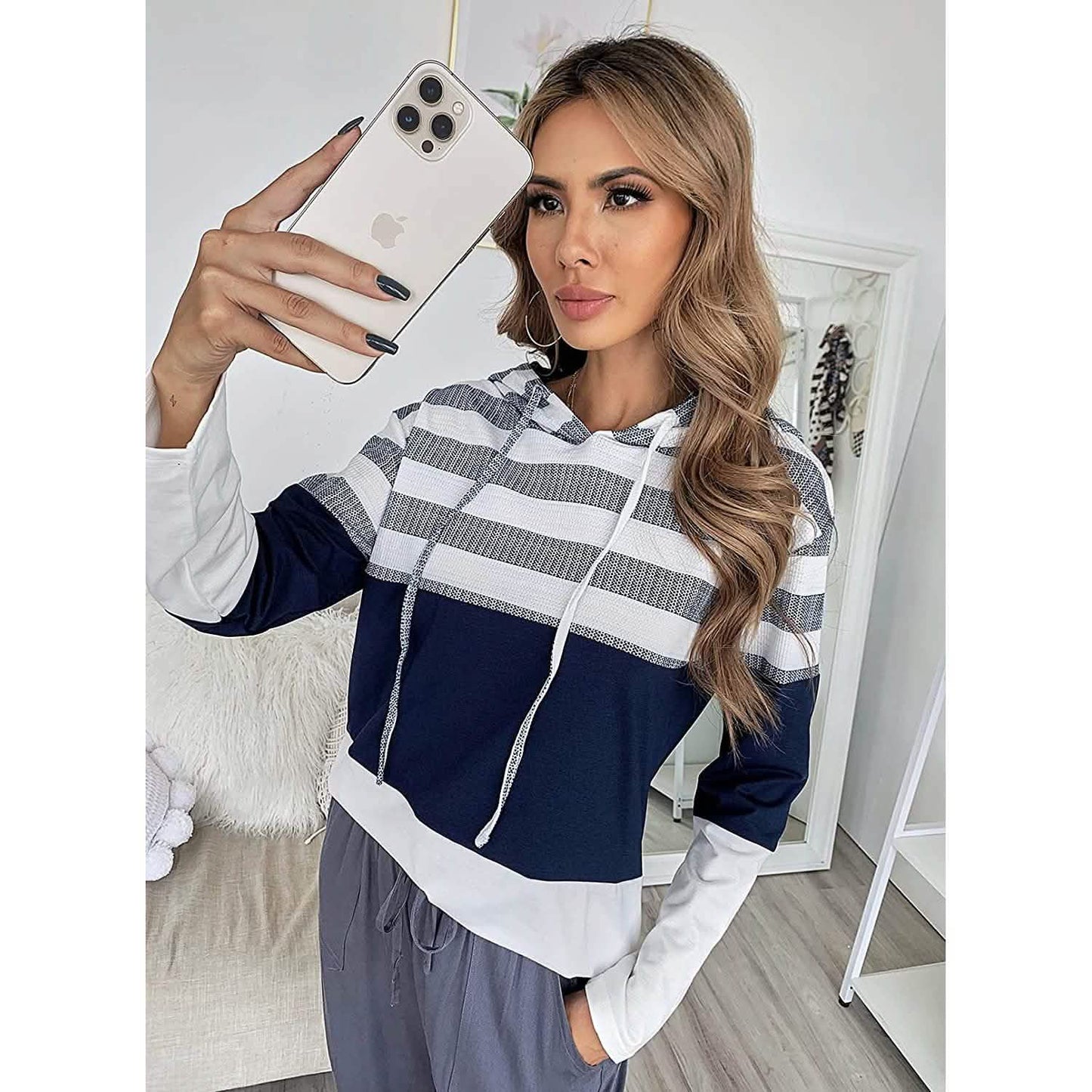 Actloe Damen Langarm Gestreift Color Block Lässige Hoodies
