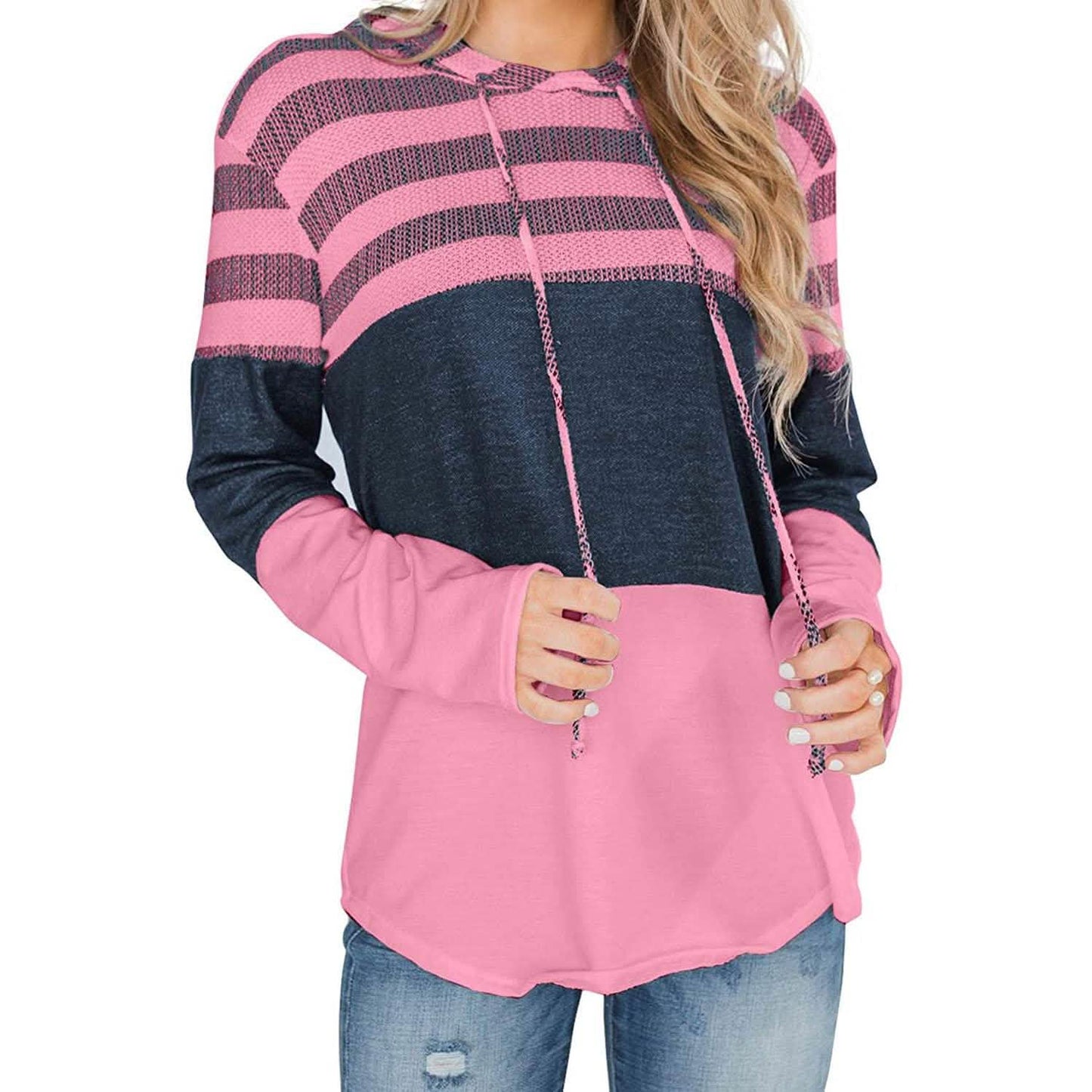 Actloe Damen Langarm Gestreift Color Block Lässige Hoodies