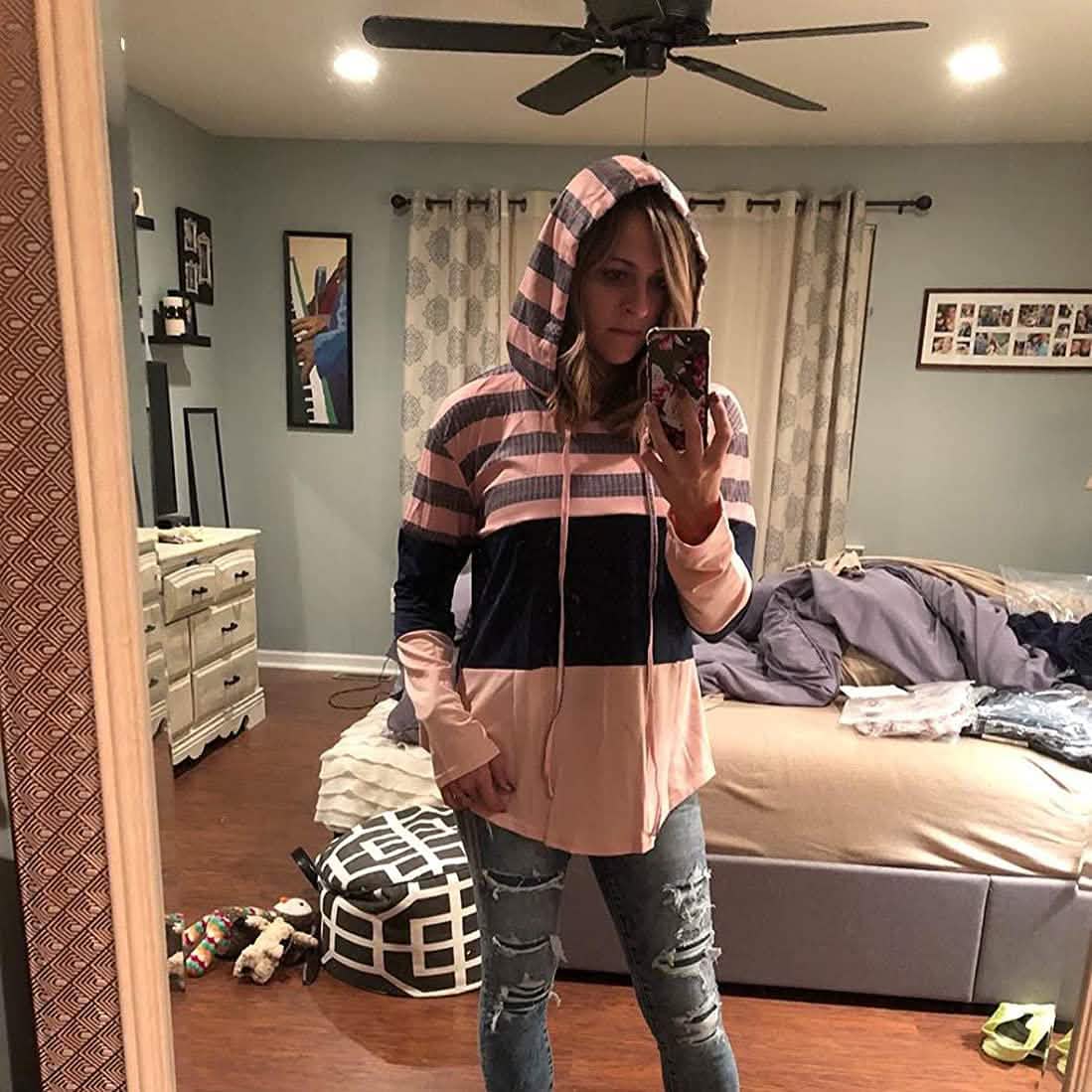 Actloe Damen Langarm Gestreift Color Block Lässige Hoodies