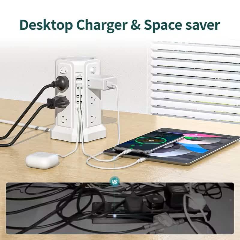 Überspannungsschutz-Turm 1800J mit 4 USB-A-Anschlüssen, USB-C-Anschluss (PD18W), 12 AC-Steckdosen und 3 m Kabel