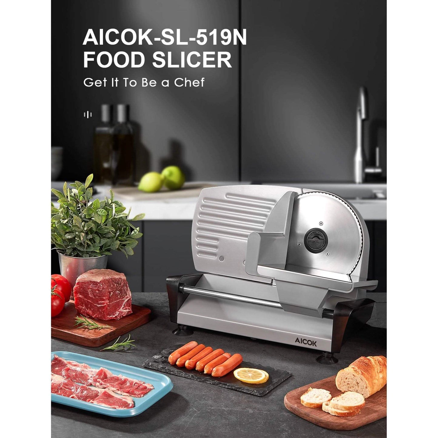 Aicok Fleischschneidemaschine mit abnehmbarem 7,5-Zoll-Edelstahlmesser