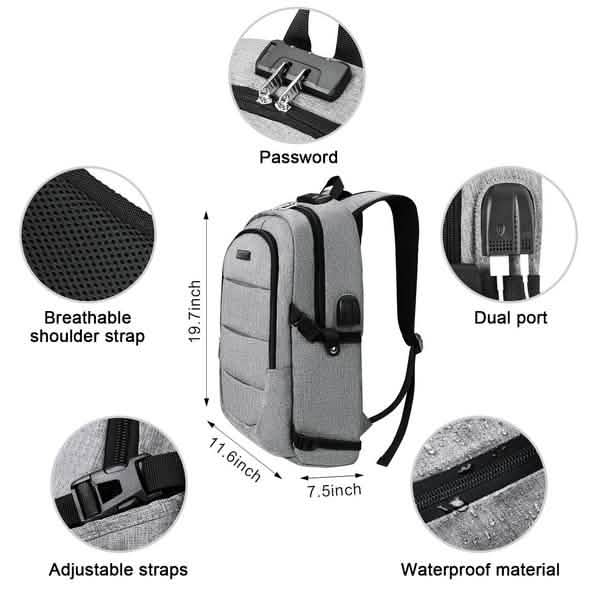 Diebstahlsicherer wasserdichter klassischer Rucksack mit USB-Ladeanschluss und Kopfhörerschnittstelle