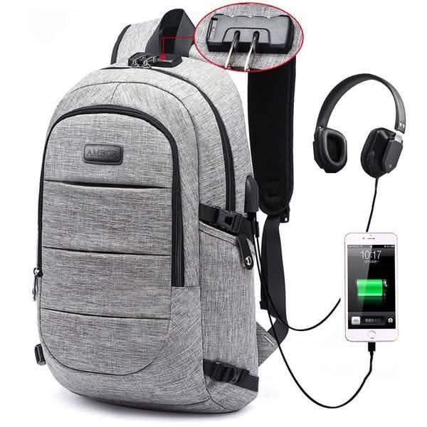 Diebstahlsicherer wasserdichter klassischer Rucksack mit USB-Ladeanschluss und Kopfhörerschnittstelle