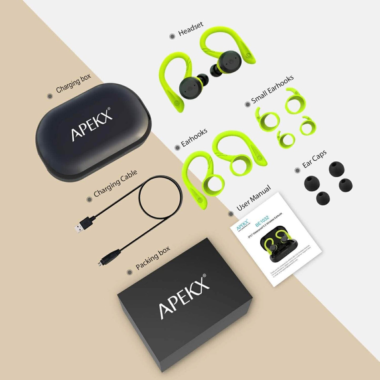 APEKX Bluetooth-Kopfhörer, True Wireless In-Ear-Kopfhörer mit Ladecase