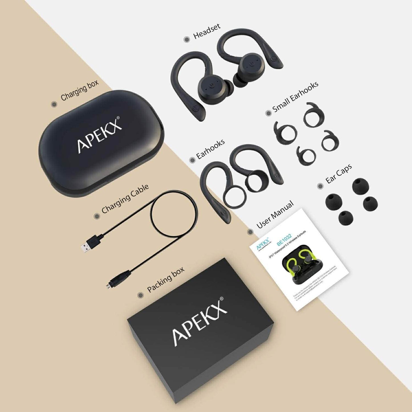 APEKX Bluetooth-Kopfhörer, True Wireless In-Ear-Kopfhörer mit Ladecase