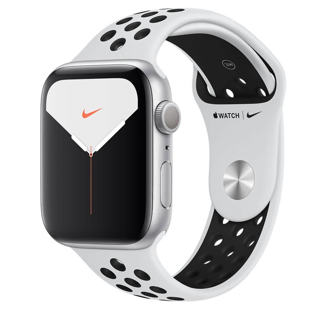 Apple Watch Nike Series 5 (GPS) 44 mm Aluminiumgehäuse Silber mit Nike Sportarmband Platin/Schwarz