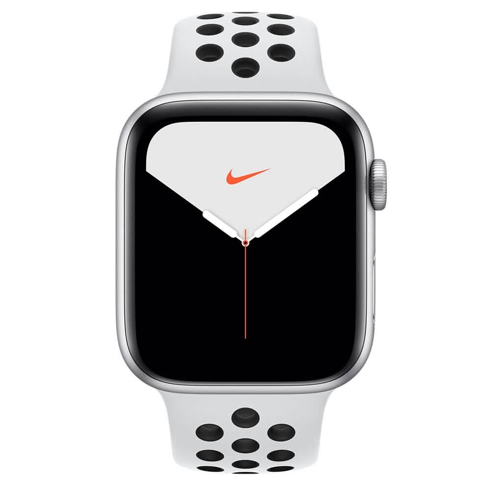 Apple Watch Nike Series 5 (GPS) 44 mm Aluminiumgehäuse Silber mit Nike Sportarmband Platin/Schwarz