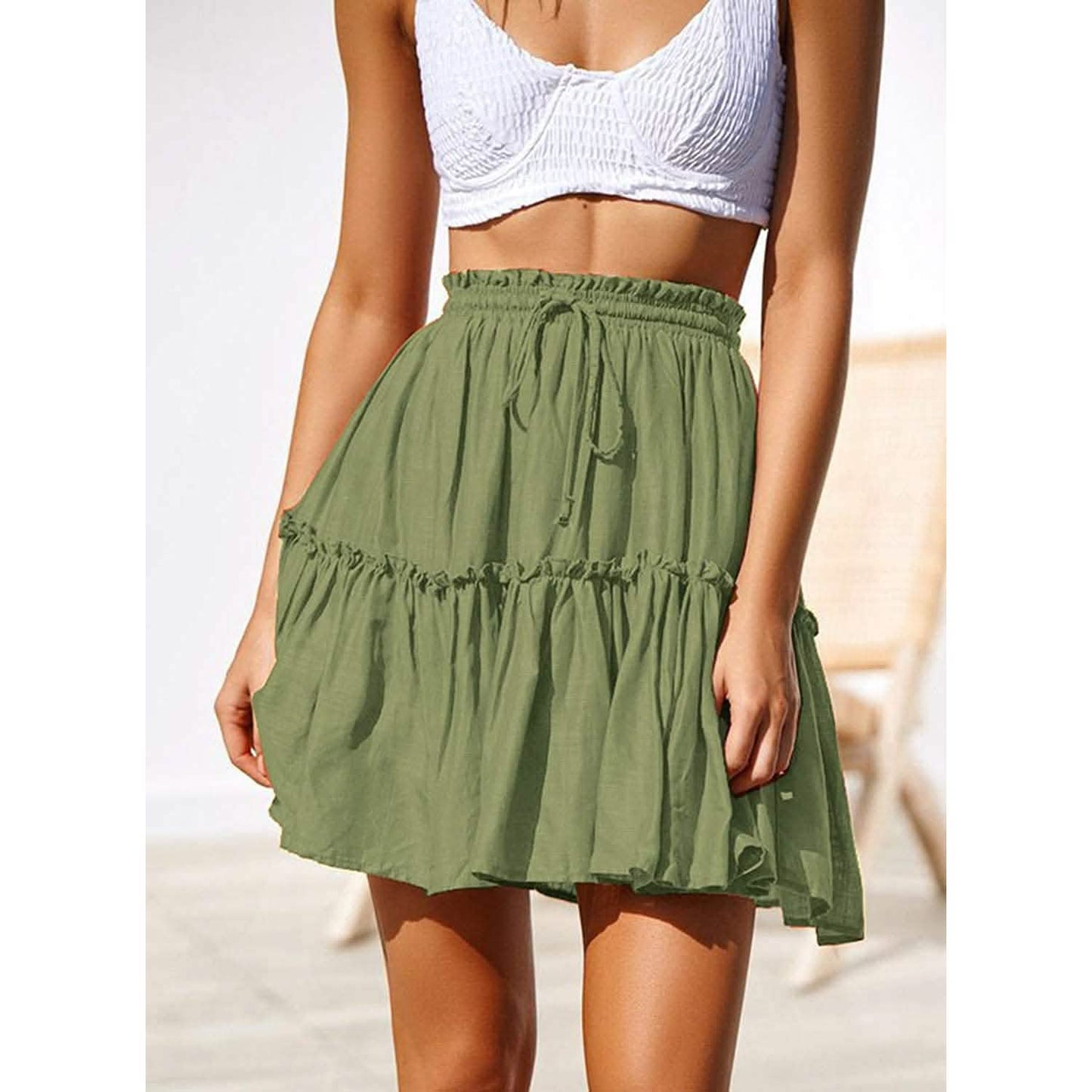 Arjungo Damen Rüschen Boho A-Linien Skater Minirock