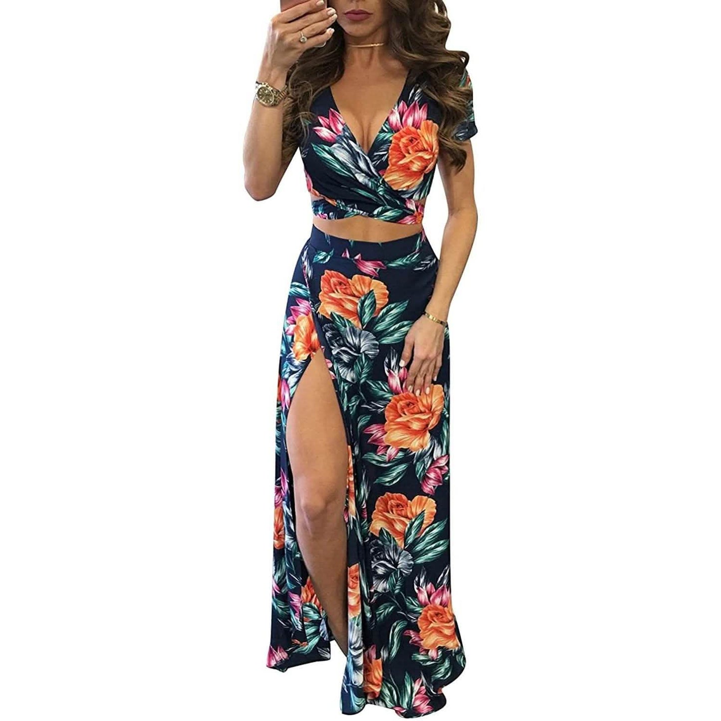 Aro Lora Damen Sexy V-Ausschnitt Geblümtes Zweiteiliges Maxi-Kleid mit Seitenschlitz