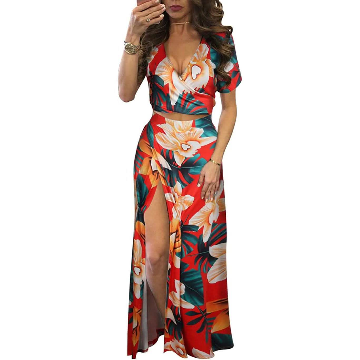 Aro Lora Damen Sexy V-Ausschnitt Geblümtes Zweiteiliges Maxi-Kleid mit Seitenschlitz