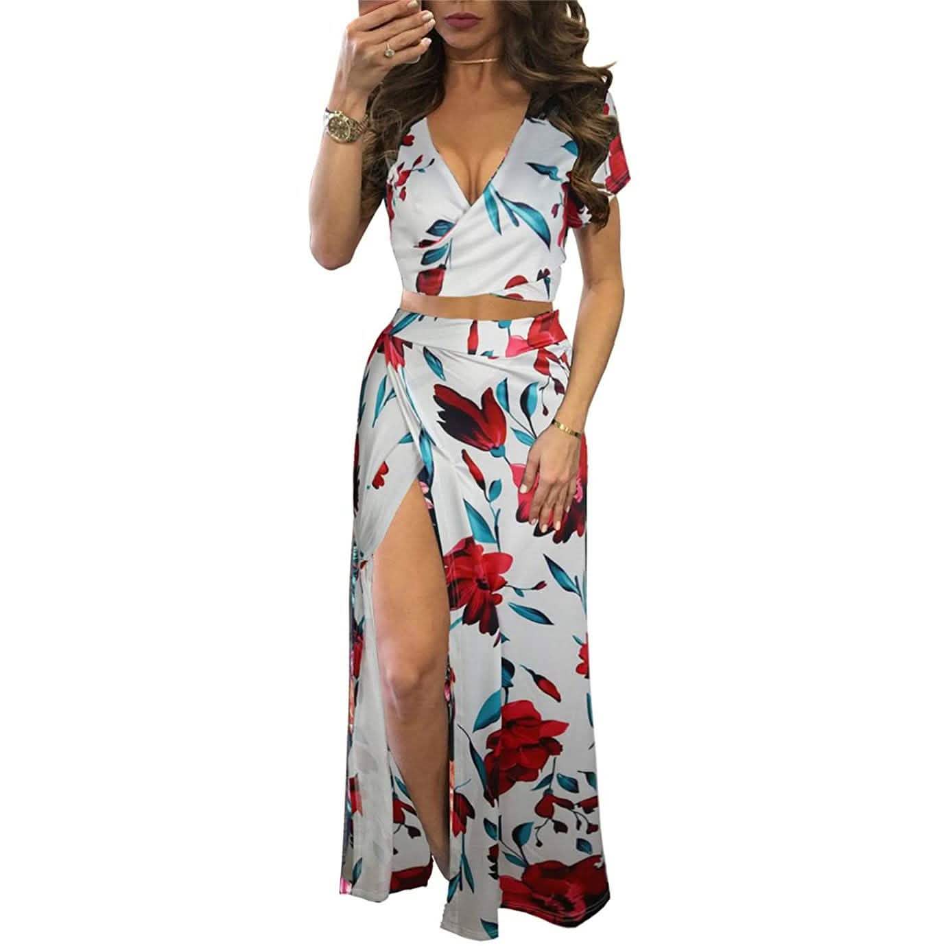 Aro Lora Damen Sexy V-Ausschnitt Geblümtes Zweiteiliges Maxi-Kleid mit Seitenschlitz