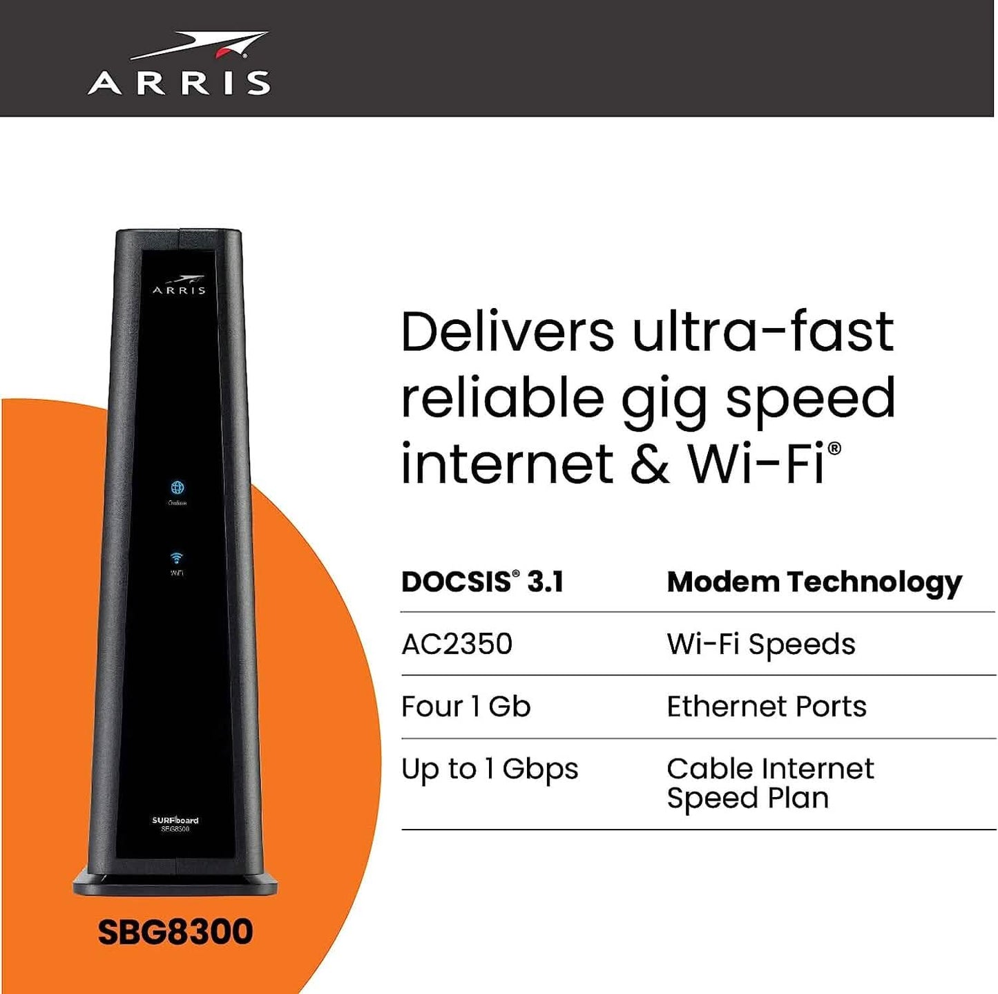 ARRIS SURFboard SBG8300 DOCSIS 3.1 Gigabit Kabelmodem & AC2350 WLAN-Router (Generalüberholt)