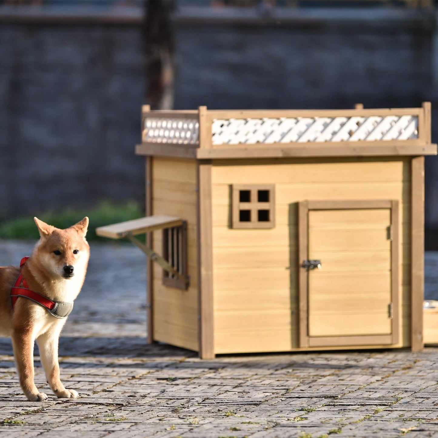 Aukfa 39,4 Zoll hölzerne Hundehütte Welpenunterstand Zwinger Außen- & Innenhundebox