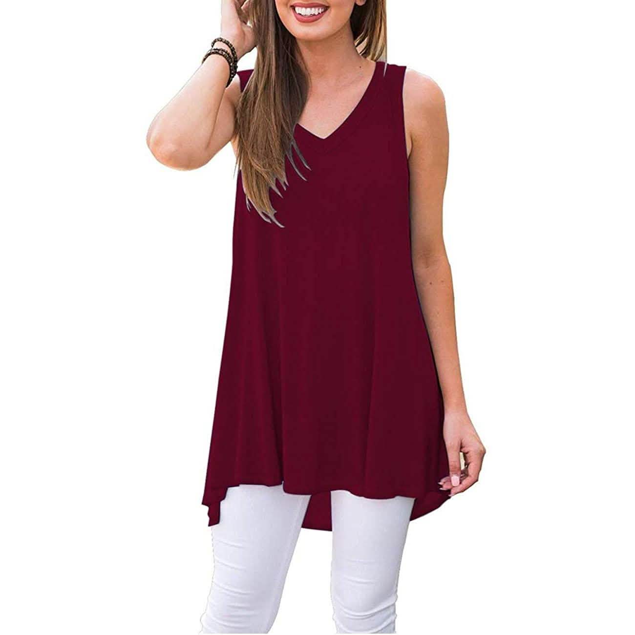 Damen Sommer Casual Ärmellose V-Ausschnitt T-Shirt Tunika Bluse Tank Tops