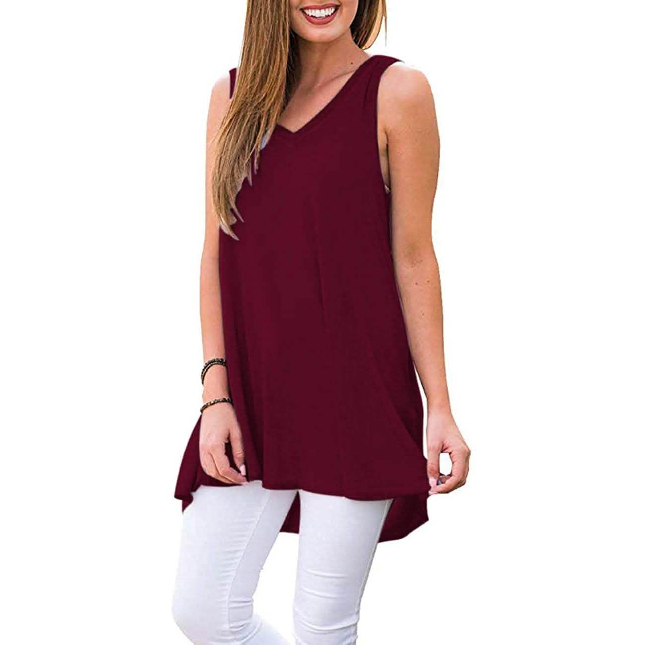 Damen Sommer Casual Ärmellose V-Ausschnitt T-Shirt Tunika Bluse Tank Tops