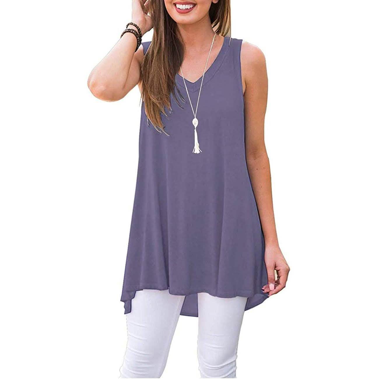 Damen Sommer Casual Ärmellose V-Ausschnitt T-Shirt Tunika Bluse Tank Tops