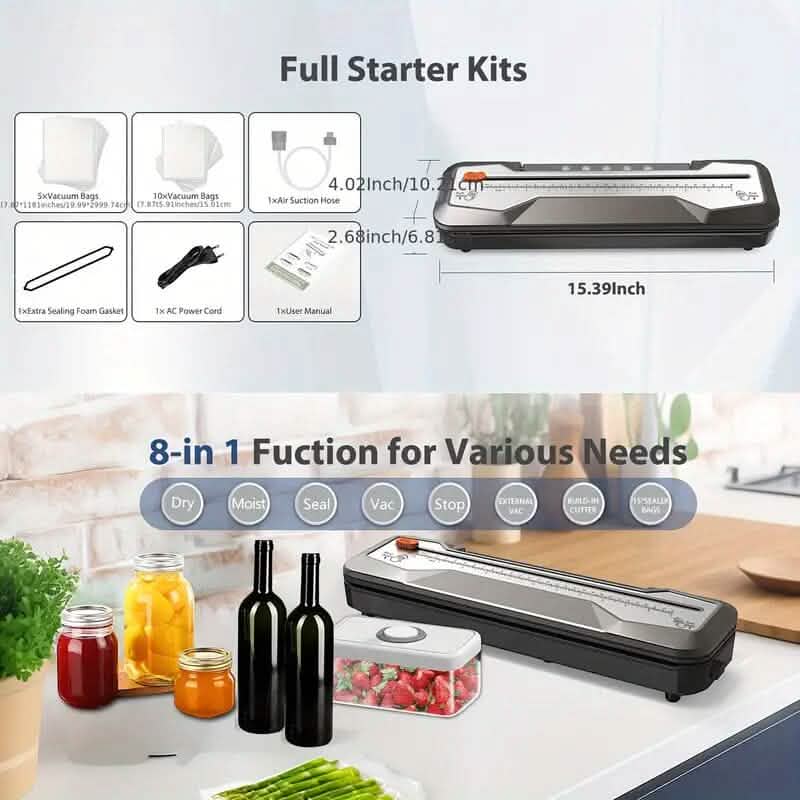 Automatisches One-Touch-Vakuumiergerät mit 5 Modi, 15 Vakuumierbeuteln und integriertem Cutter