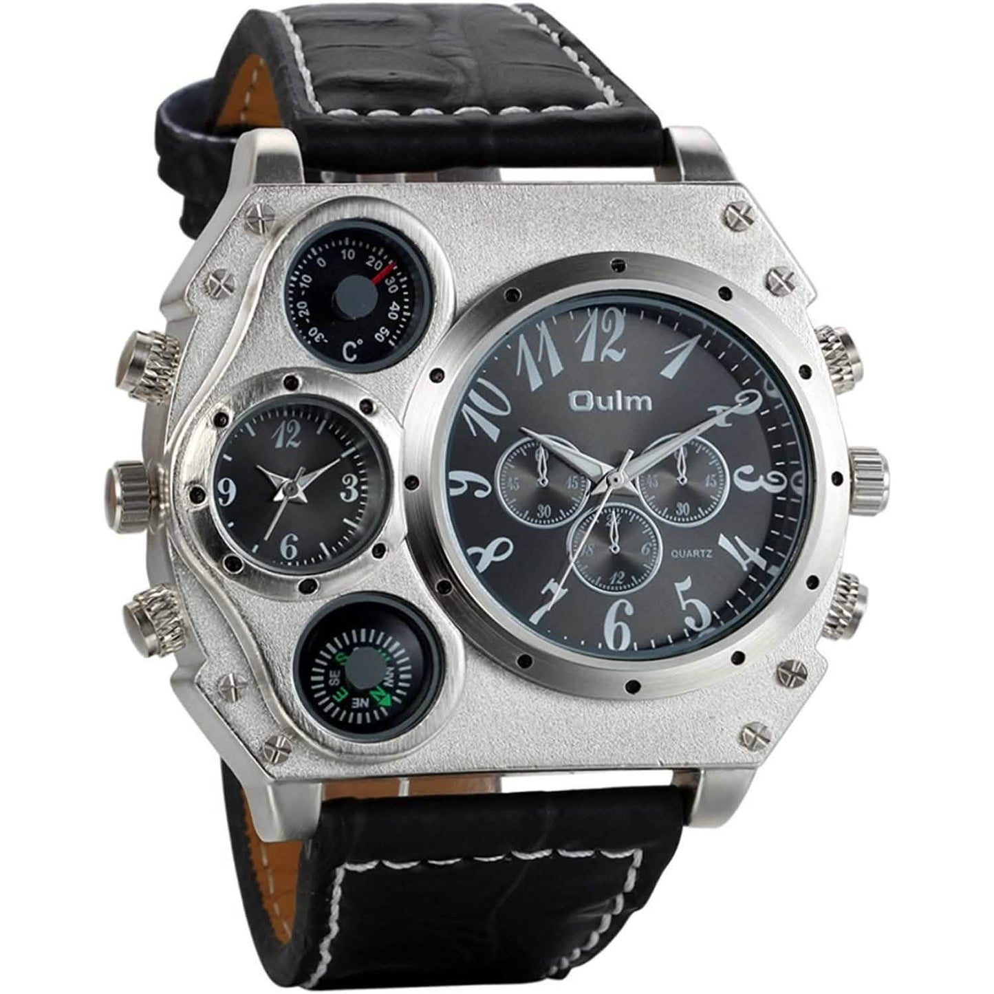 Avaner Herren-Armbanduhr mit großem Zifferblatt, zwei Zeitzonen und Lederarmband