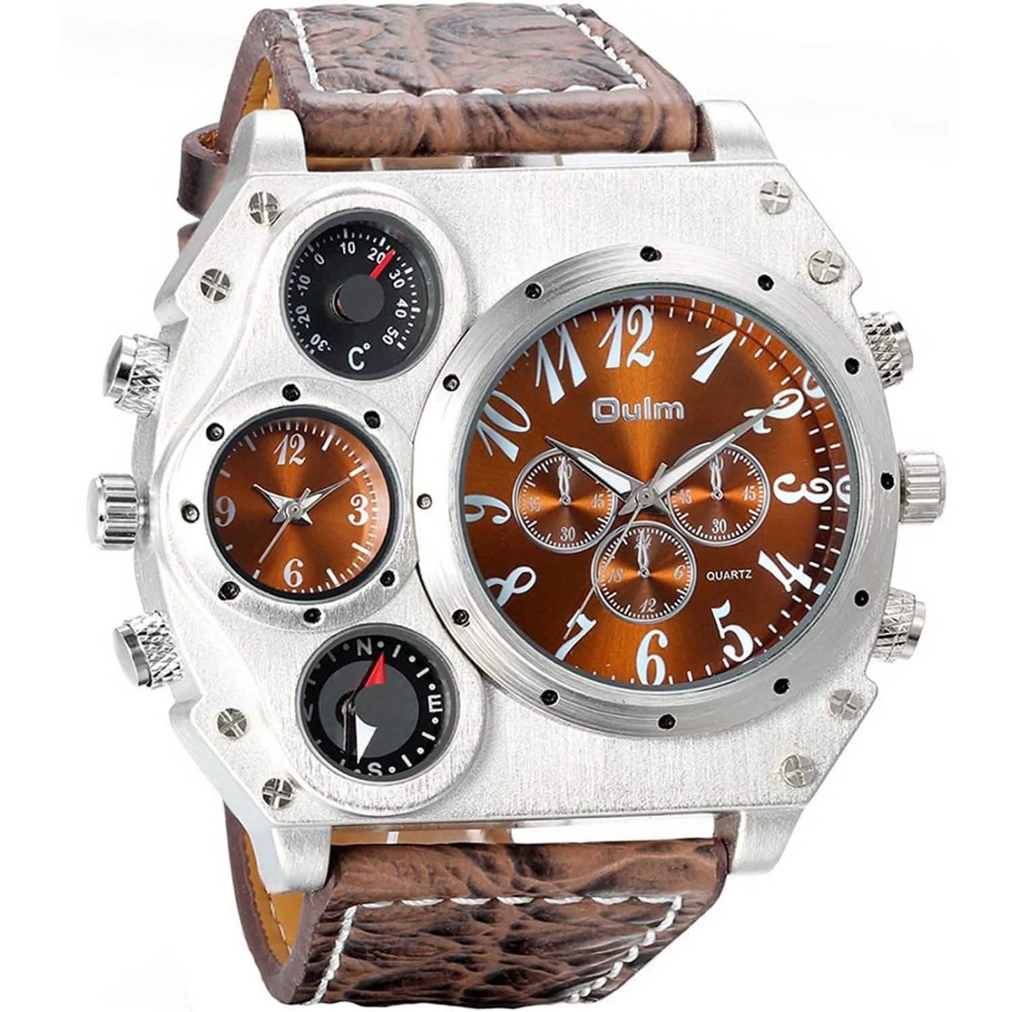 Avaner Herren-Armbanduhr mit großem Zifferblatt, zwei Zeitzonen und Lederarmband