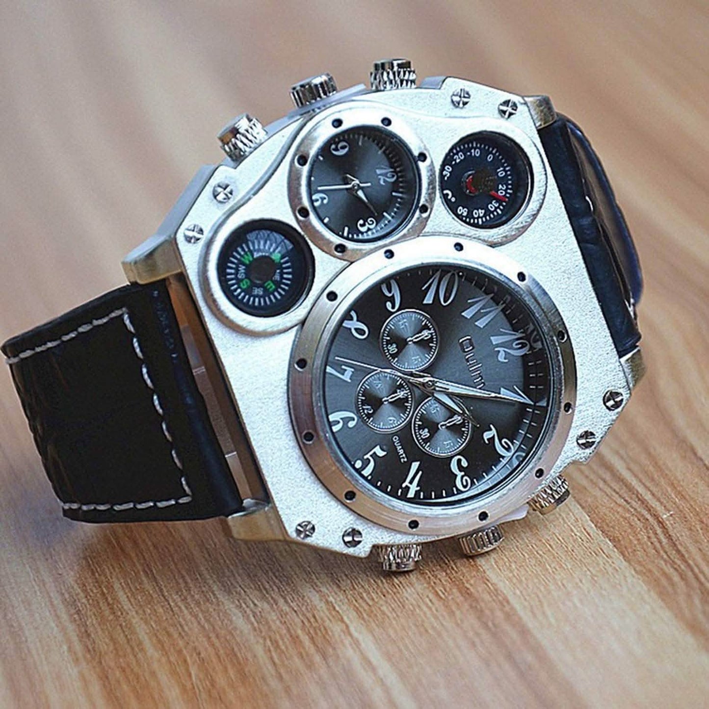 Avaner Herren-Armbanduhr mit großem Zifferblatt, zwei Zeitzonen und Lederarmband