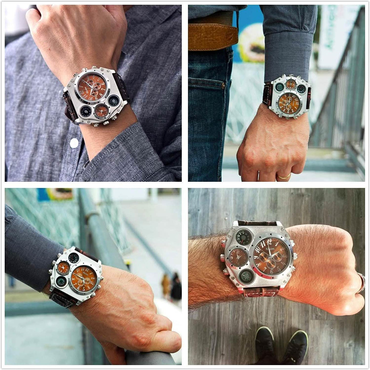 Avaner Herren-Armbanduhr mit großem Zifferblatt, zwei Zeitzonen und Lederarmband