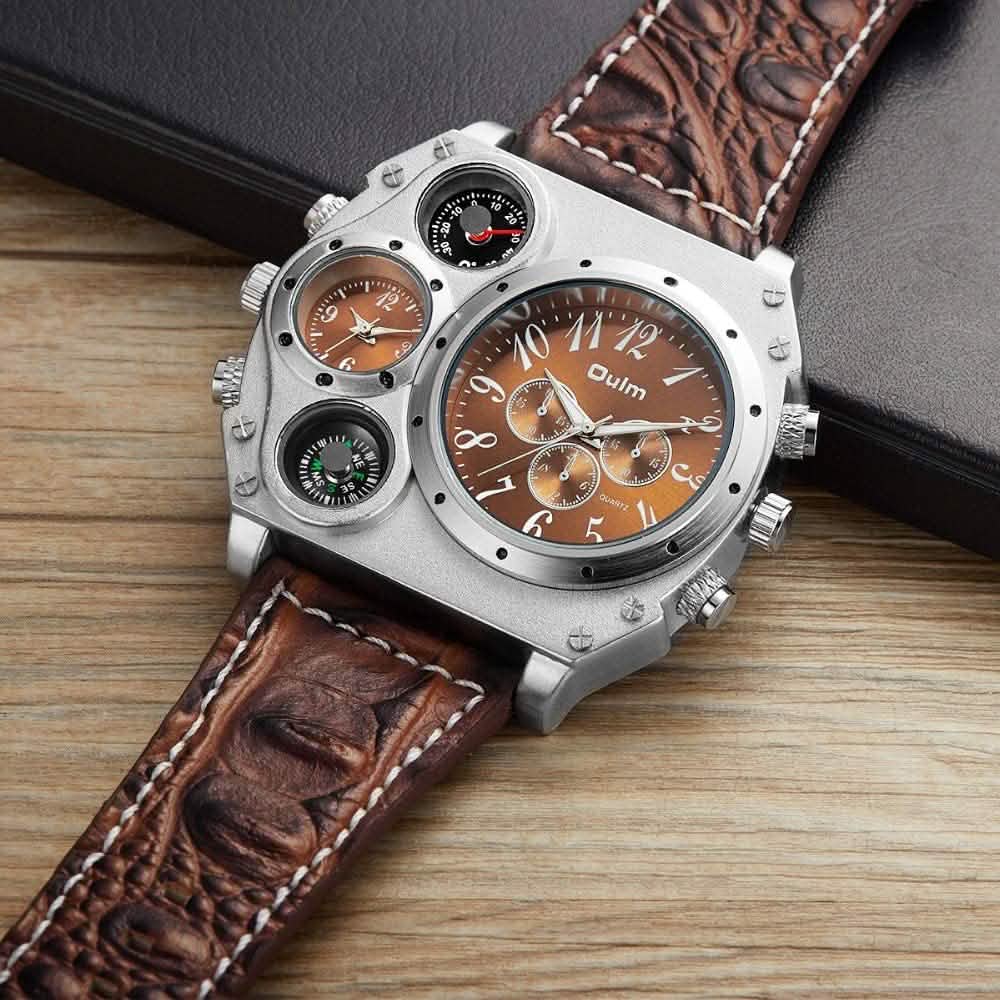 Avaner Herren-Armbanduhr mit großem Zifferblatt, zwei Zeitzonen und Lederarmband