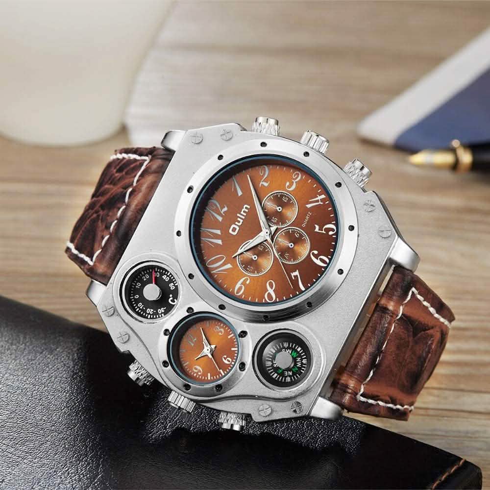 Avaner Herren-Armbanduhr mit großem Zifferblatt, zwei Zeitzonen und Lederarmband