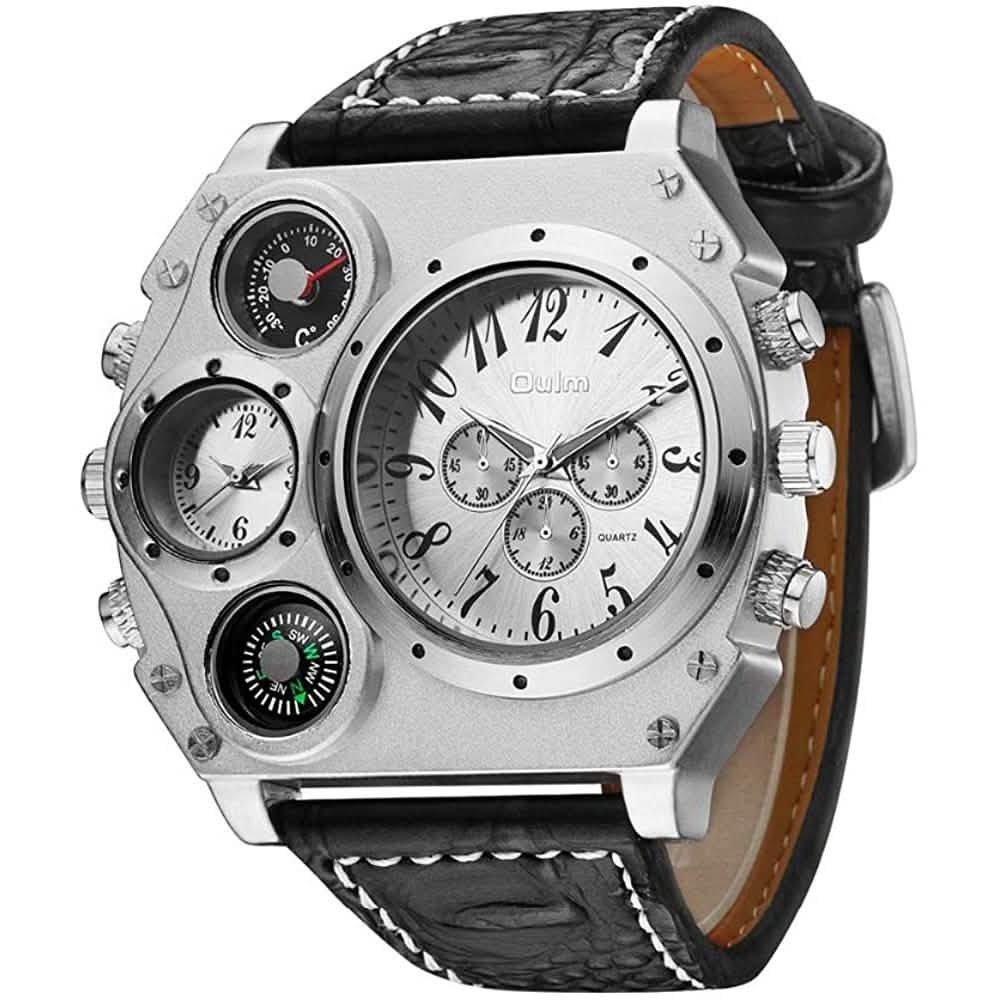 Avaner Herren-Armbanduhr mit großem Zifferblatt, zwei Zeitzonen und Lederarmband
