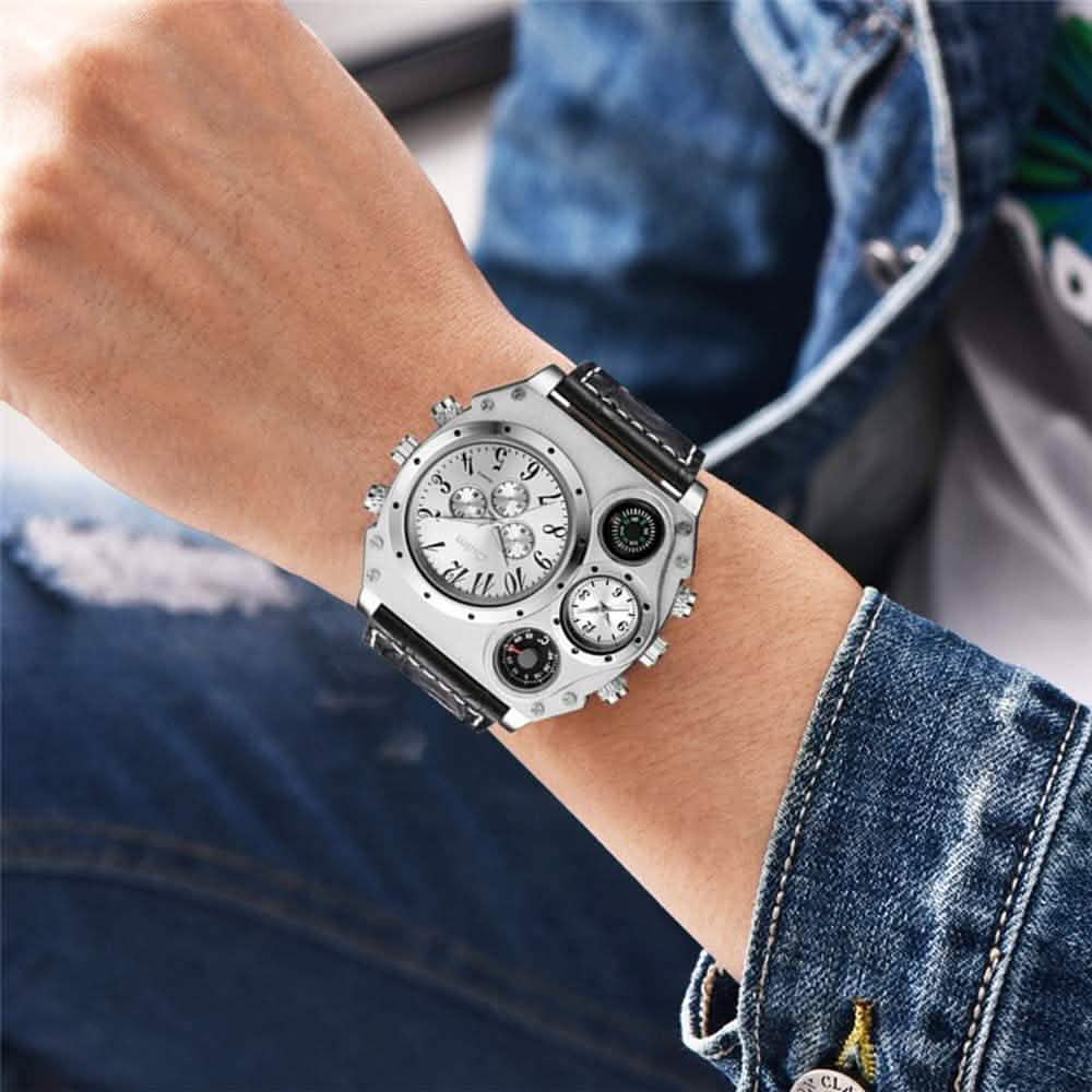 Avaner Herren-Armbanduhr mit großem Zifferblatt, zwei Zeitzonen und Lederarmband