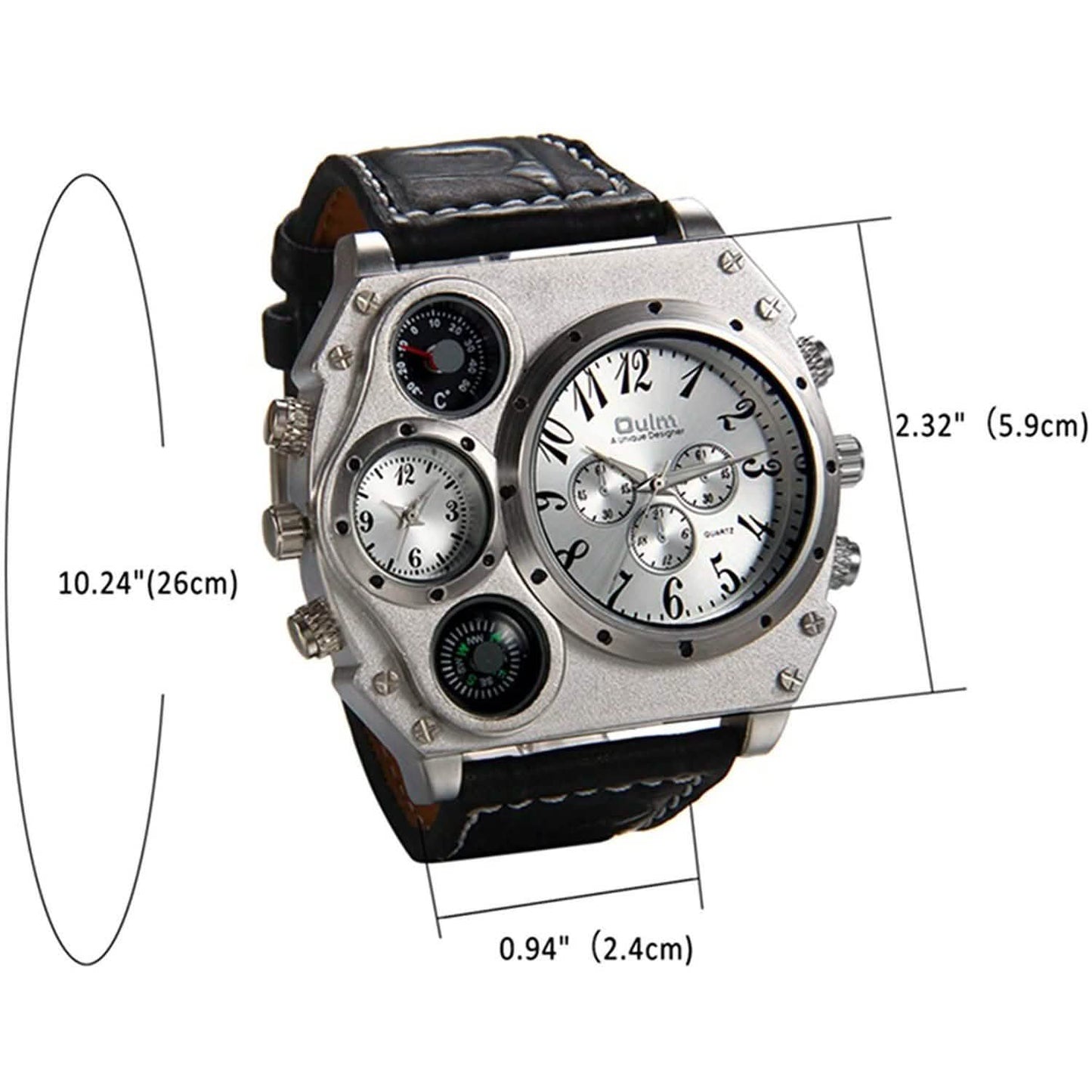 Avaner Herren-Armbanduhr mit großem Zifferblatt, zwei Zeitzonen und Lederarmband