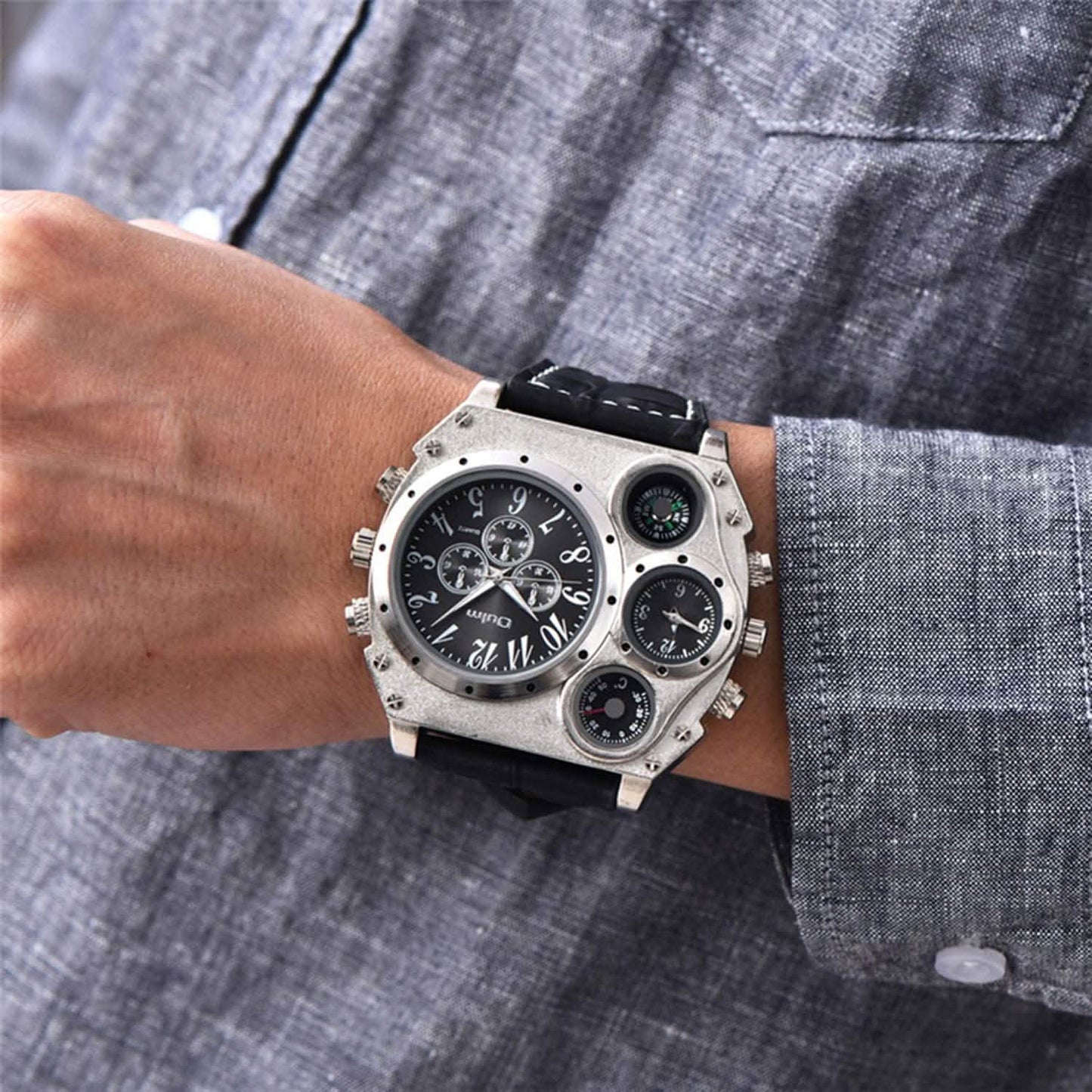 Avaner Herren-Armbanduhr mit großem Zifferblatt, zwei Zeitzonen und Lederarmband