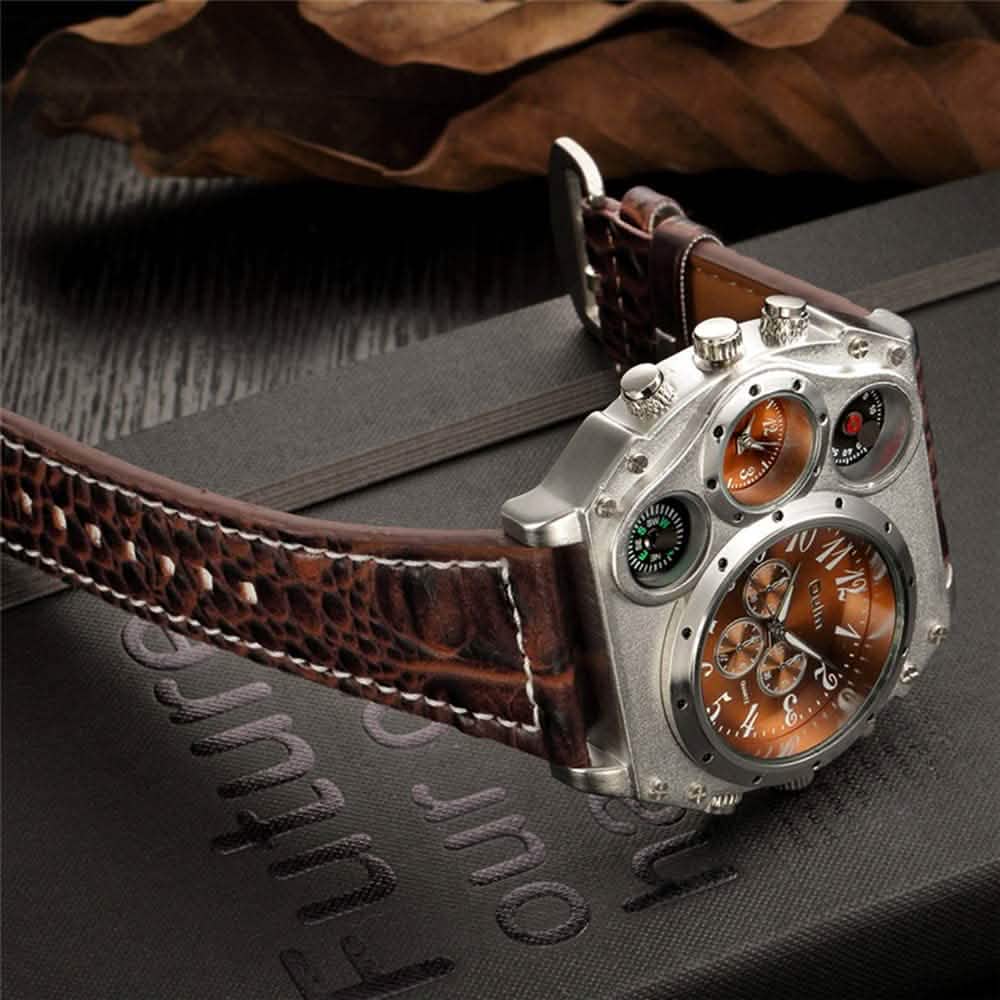 Avaner Herren-Armbanduhr mit großem Zifferblatt, zwei Zeitzonen und Lederarmband