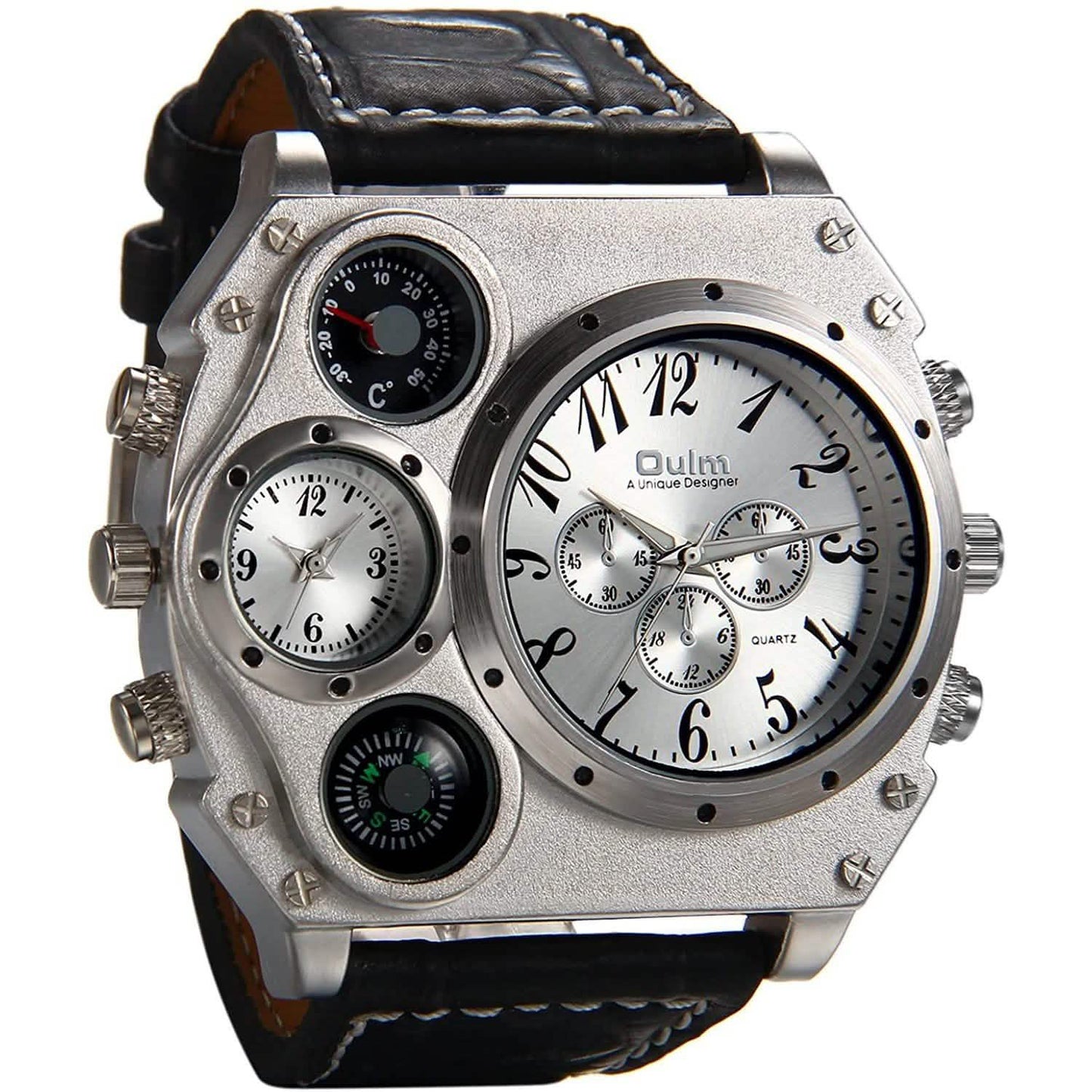 Avaner Herren-Armbanduhr mit großem Zifferblatt, zwei Zeitzonen und Lederarmband