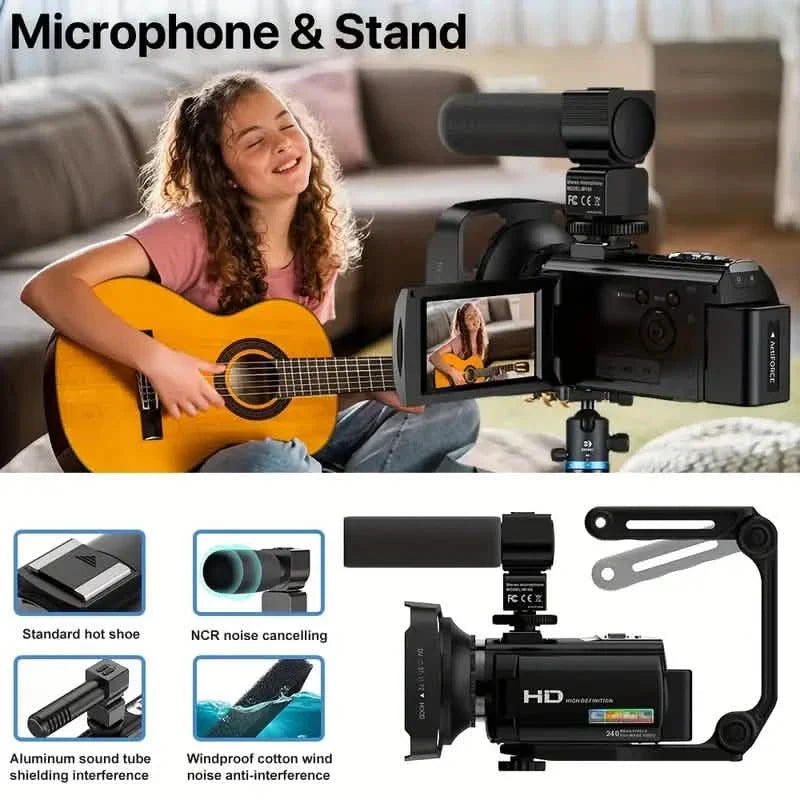 16-fach Zoom 1080P HD Digitalkamera-Bundle mit 2 Akkus, 32G TF-Karte, Mikrofon, Gegenlichtblende & Tasche